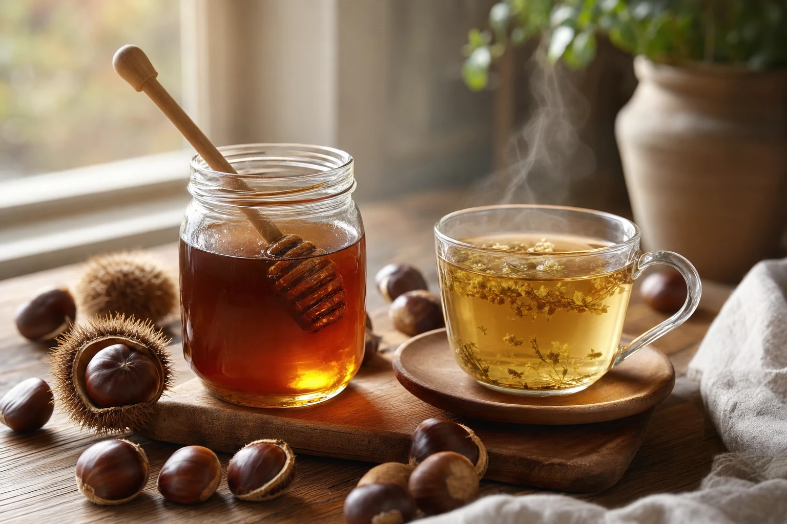 Pot de miel de châtaignier foncé ouvert sur une table, entouré de châtaignes et d'une tisane fumante