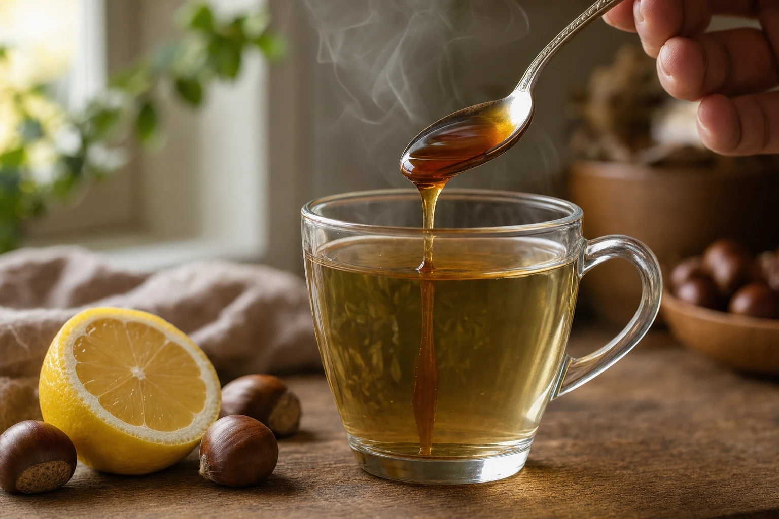 Cuillère de miel de châtaignier foncé versée dans une tasse de tisane chaude, sur une table en bois près d'un citron coupé