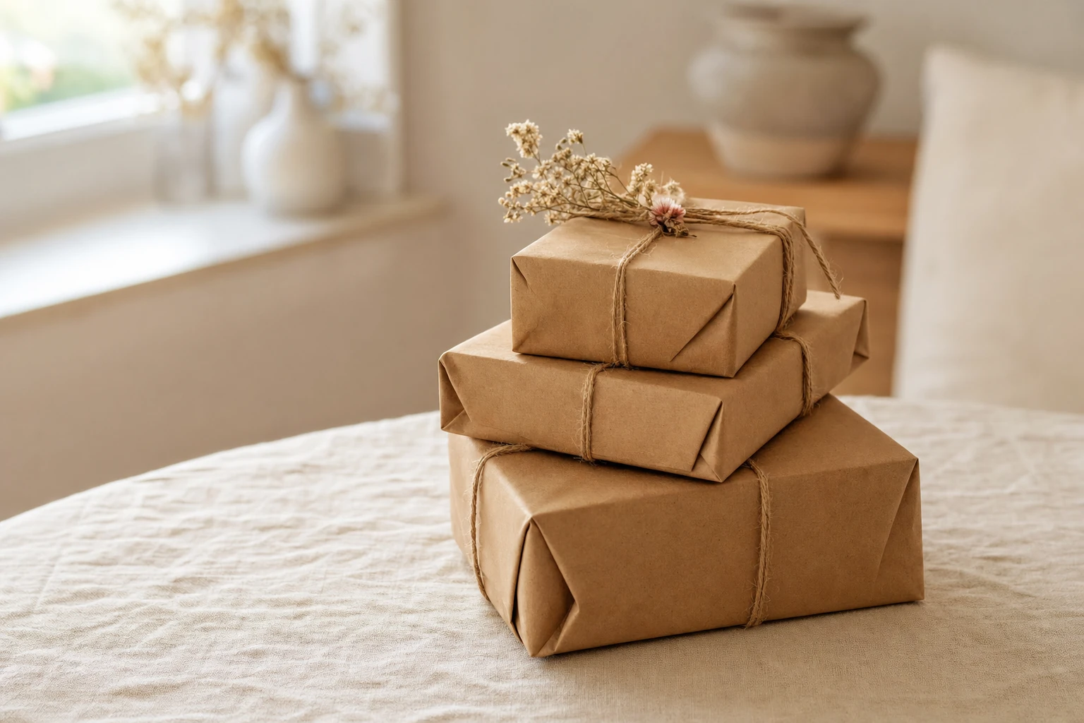 Plusieurs cadeaux emballés dans du papier kraft et de la ficelle naturelle, posés sur une nappe en lin