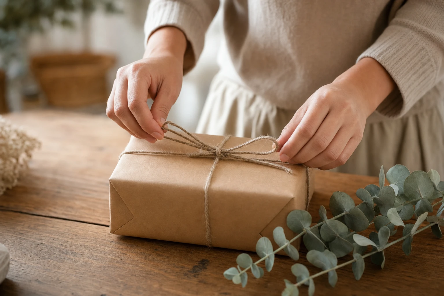 Mains nouant un ruban de ficelle naturelle sur un paquet cadeau en papier kraft, sur une table en bois