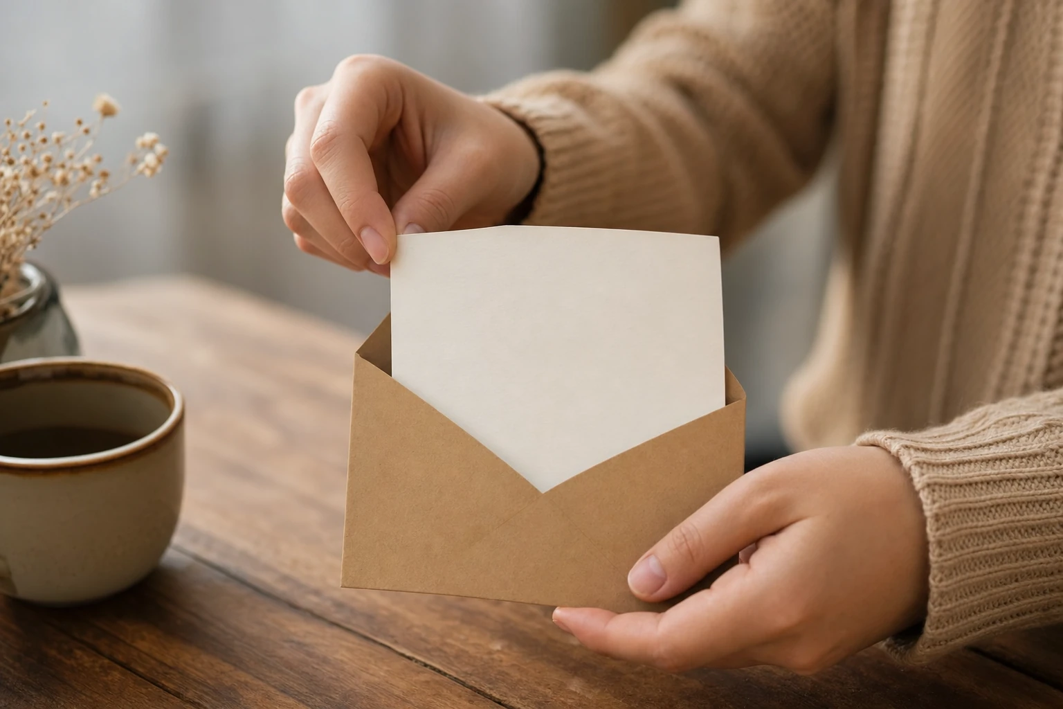 Gros plan de mains glissant une carte vierge dans une petite enveloppe en papier kraft, lumière chaleureuse