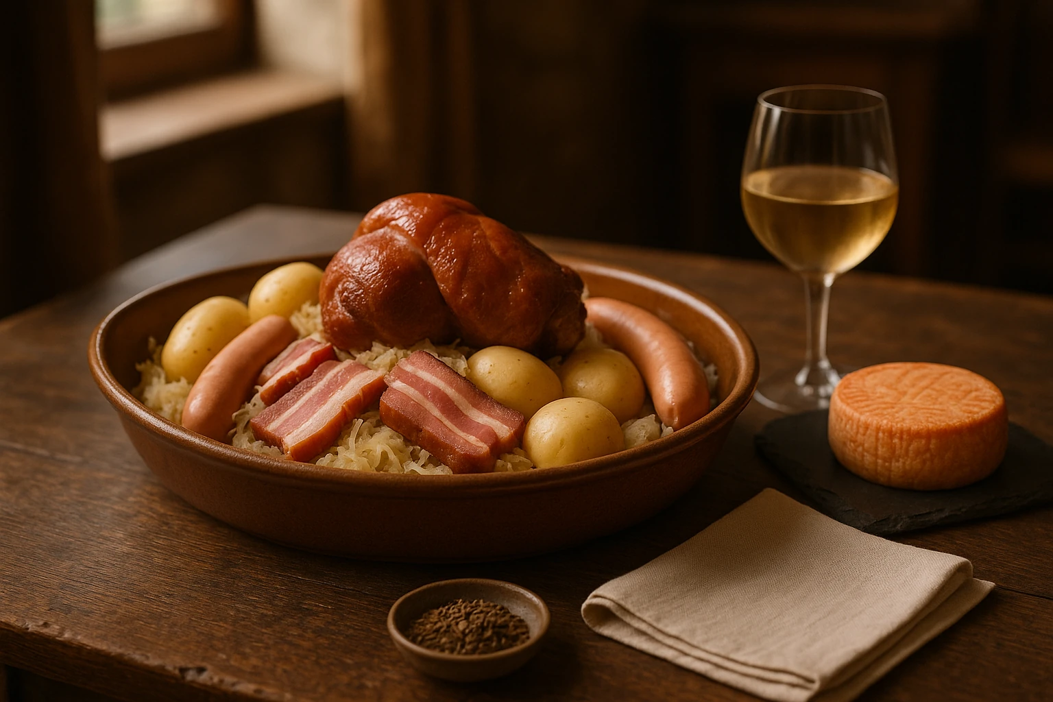 Plat de choucroute garnie avec knacks, lard fumé et pommes de terre, accompagné d'un munster sur une table en bois