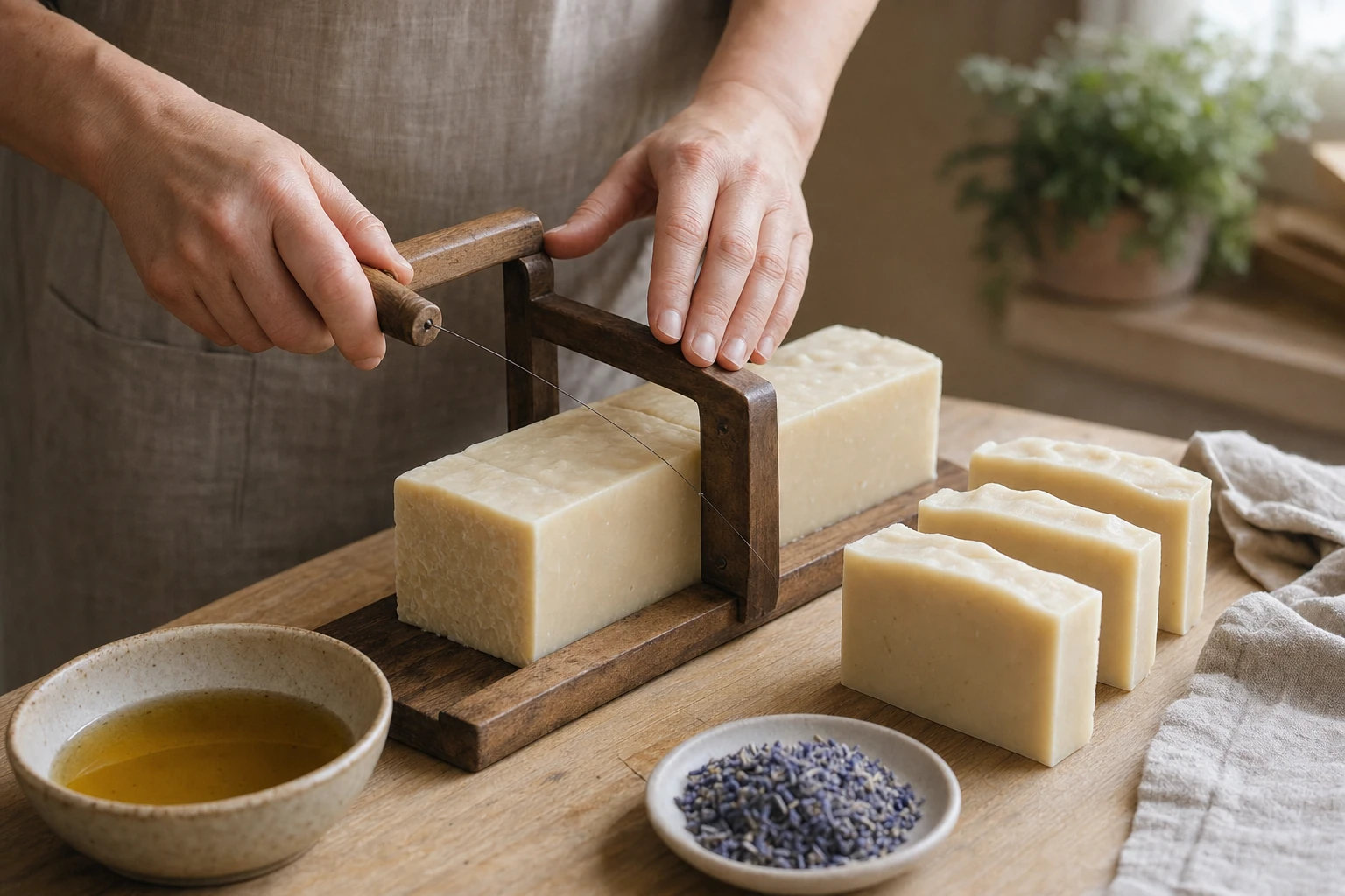 Découpe au fil d'un pain de savon encore tendre sur une planche en bois, à côté d'un bol d'huile et de fleurs de lavande séchées