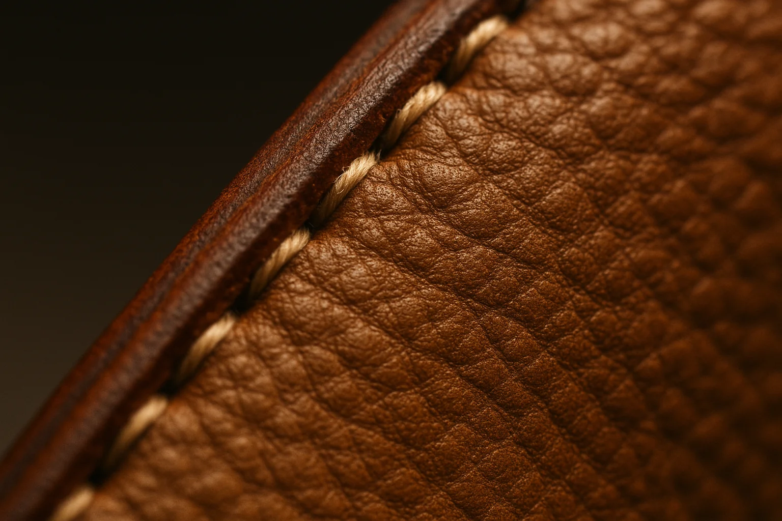 Gros plan sur la tranche et la couture d'une pièce de maroquinerie en cuir