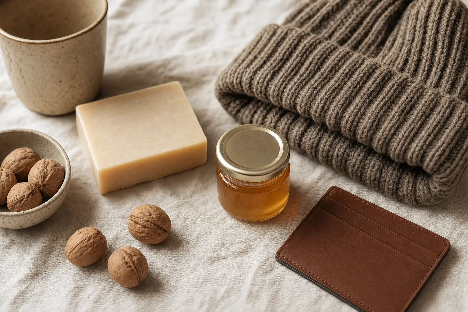 Assortiment d'objets artisanaux (savon, bonnet en laine, pot de miel, petit article en cuir) disposés sur une nappe en lin