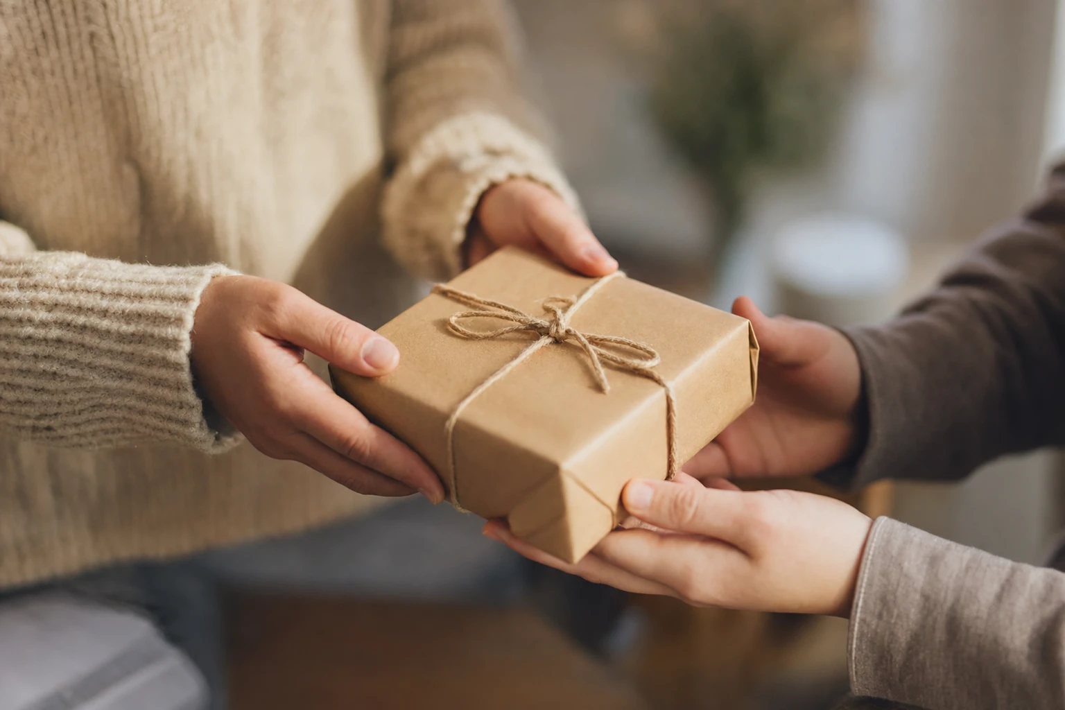 Une personne tendant un petit paquet cadeau à une autre, gros plan sur les mains, intérieur chaleureux flou en arrière-plan