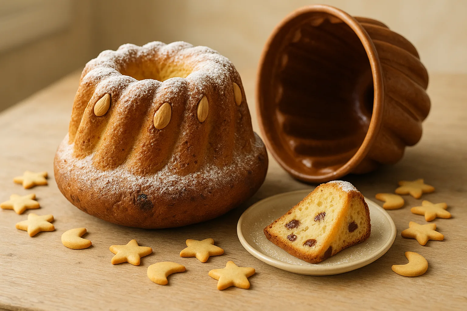 Kougelhopf démoulé aux amandes et sucre glace, entouré de petits bredele et de son moule cannelé en terre cuite