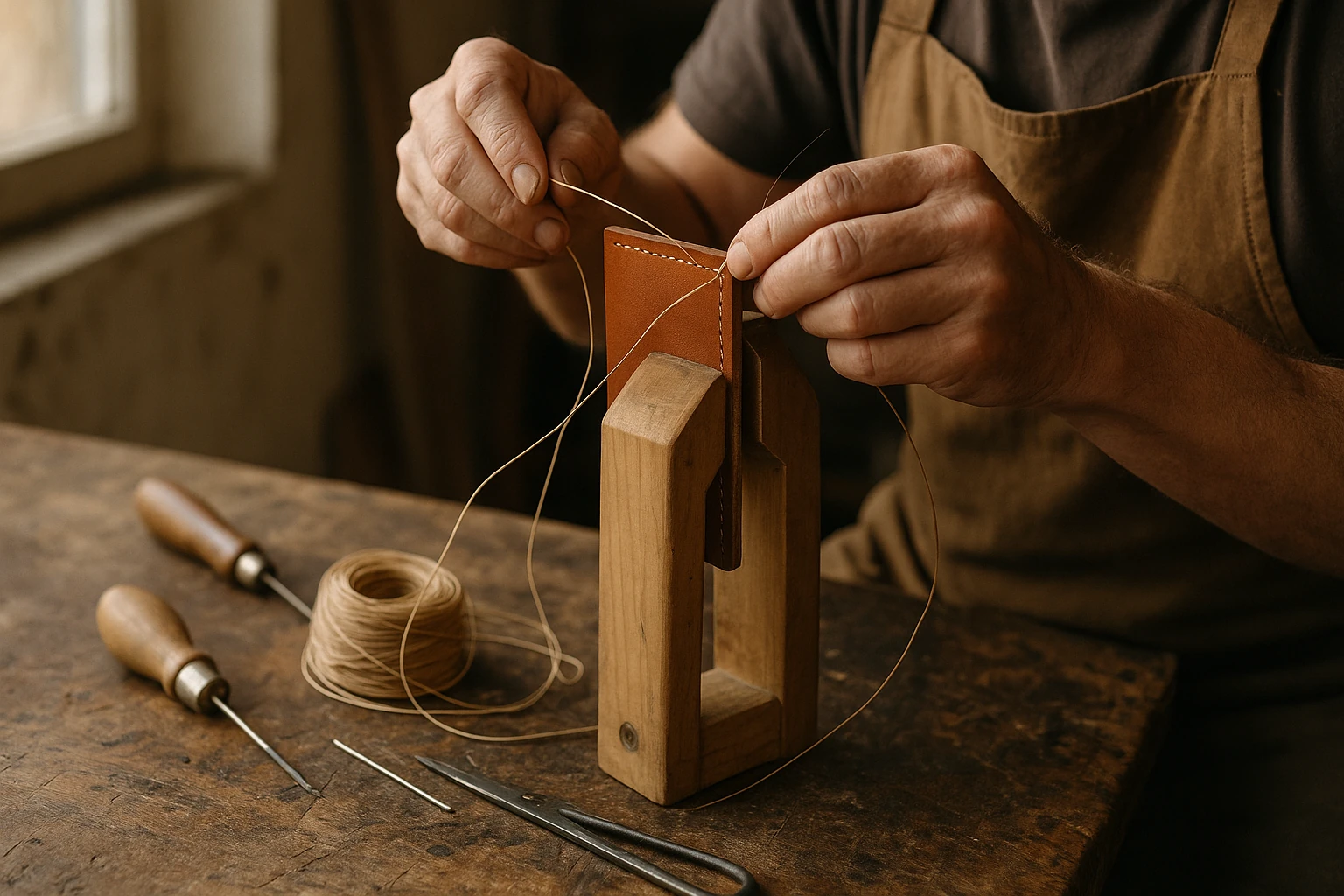 Artisan maroquinier cousant à la main une pièce de cuir tenue dans une pince de couture, sur un établi en bois