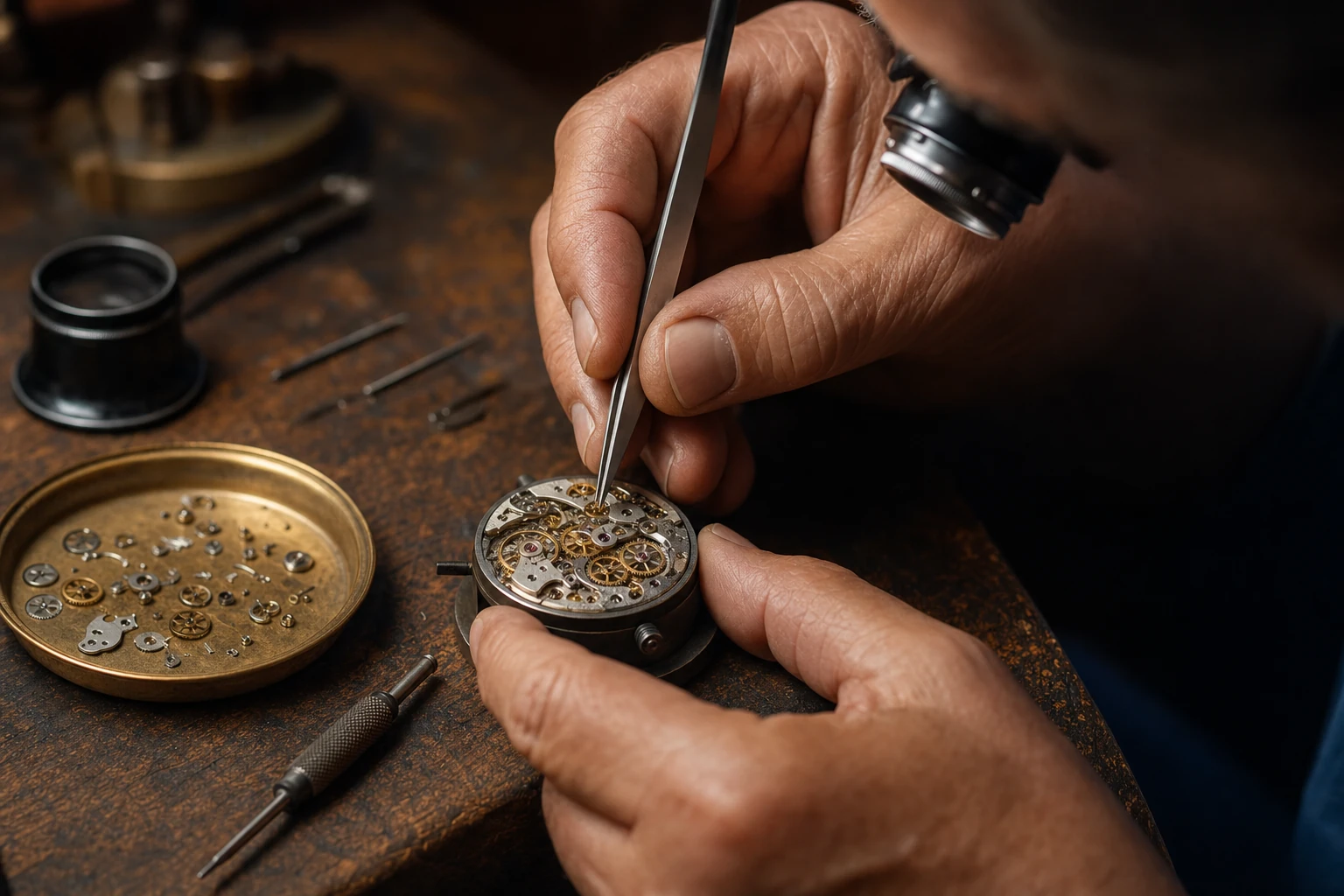 Mains d'un horloger assemblant un mouvement mécanique à la brucelle sur un établi, loupe et plateau de pièces en laiton posés à côté.