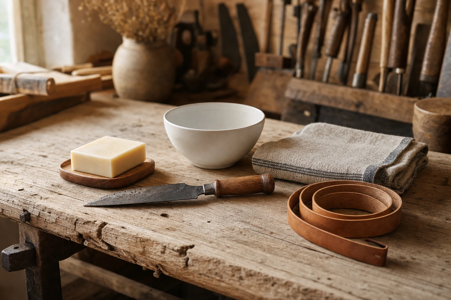 Objets artisanaux posés sur un établi d'atelier en bois : savon, couteau à manche tourné, bol de porcelaine, linge tissé et lanière de cuir.