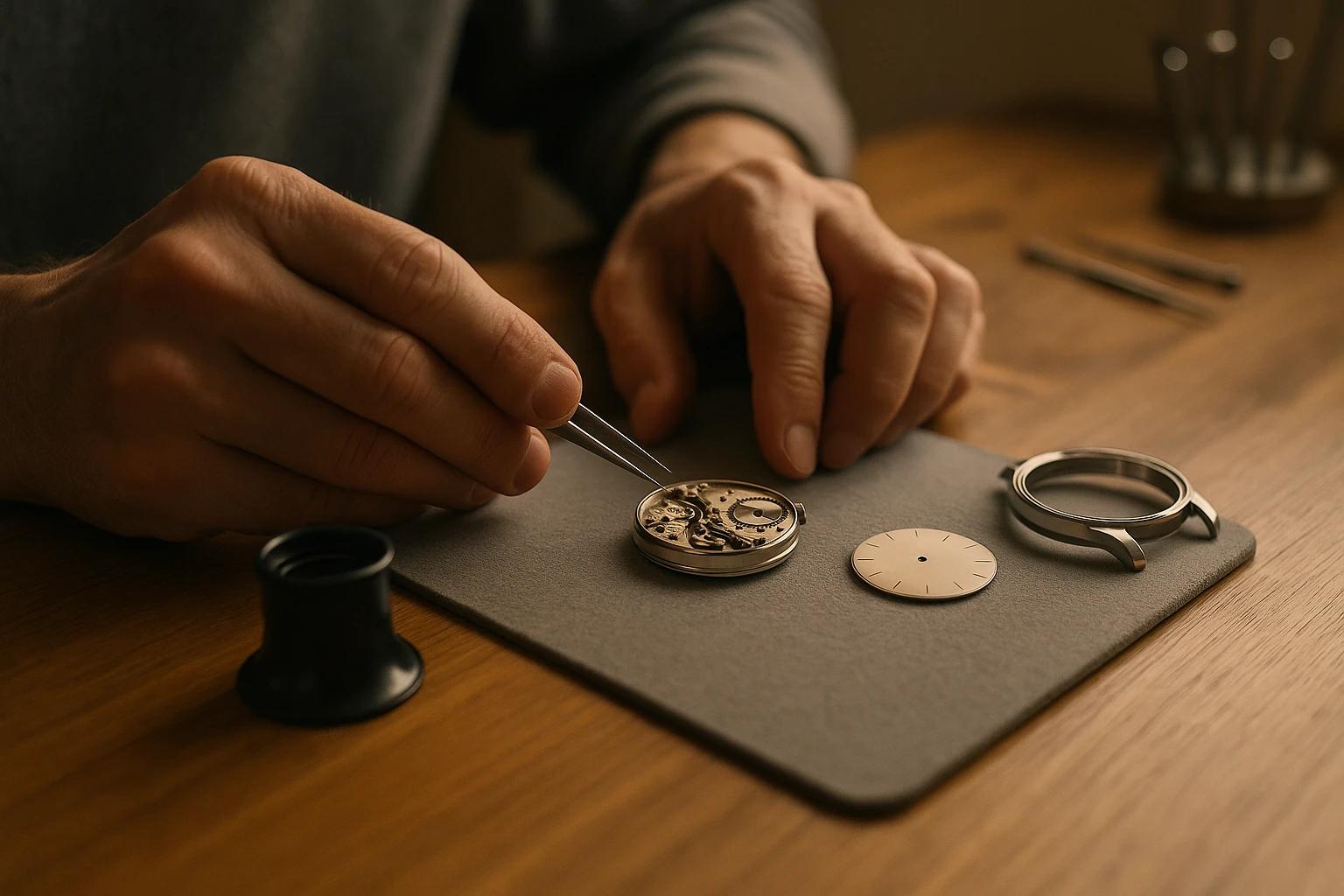 Mains d'un horloger manipulant à la brucelle un mouvement de montre démonté sur un tapis d'établi, à côté d'un cadran vierge et d'un boîtier acier