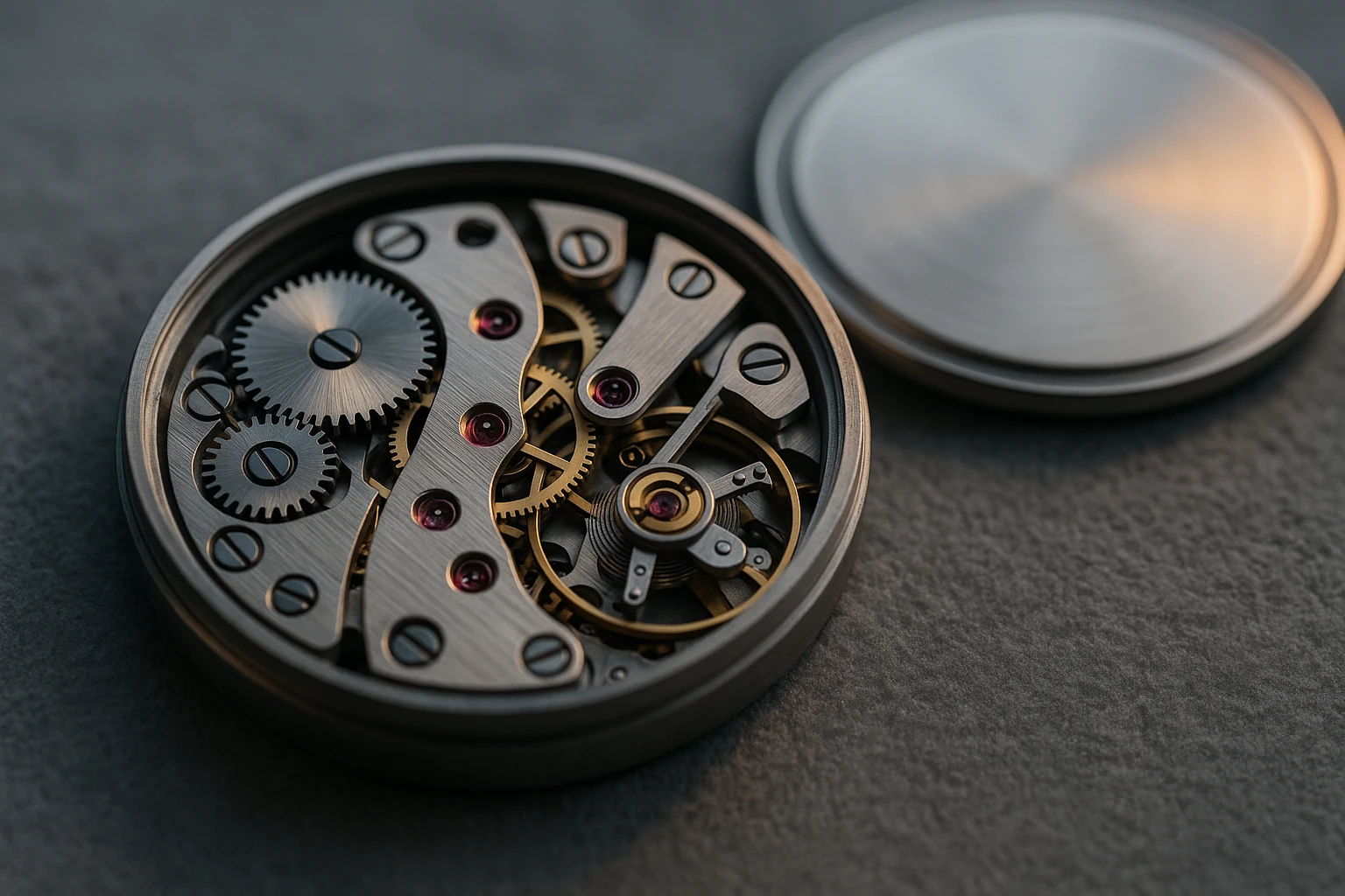 Macro d'un mouvement mécanique de montre, ponts en métal brossé, rubis et rouages apparents, posé près d'un fond de boîtier en acier