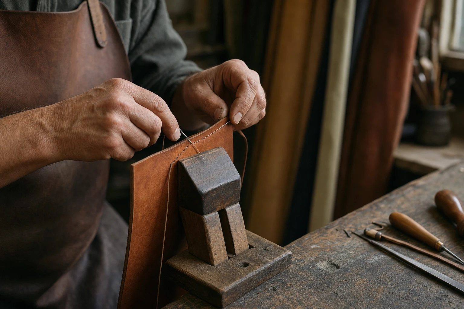 Mains d'un artisan cousant à la main une pièce de cuir tanné dans un petit atelier de fabrication