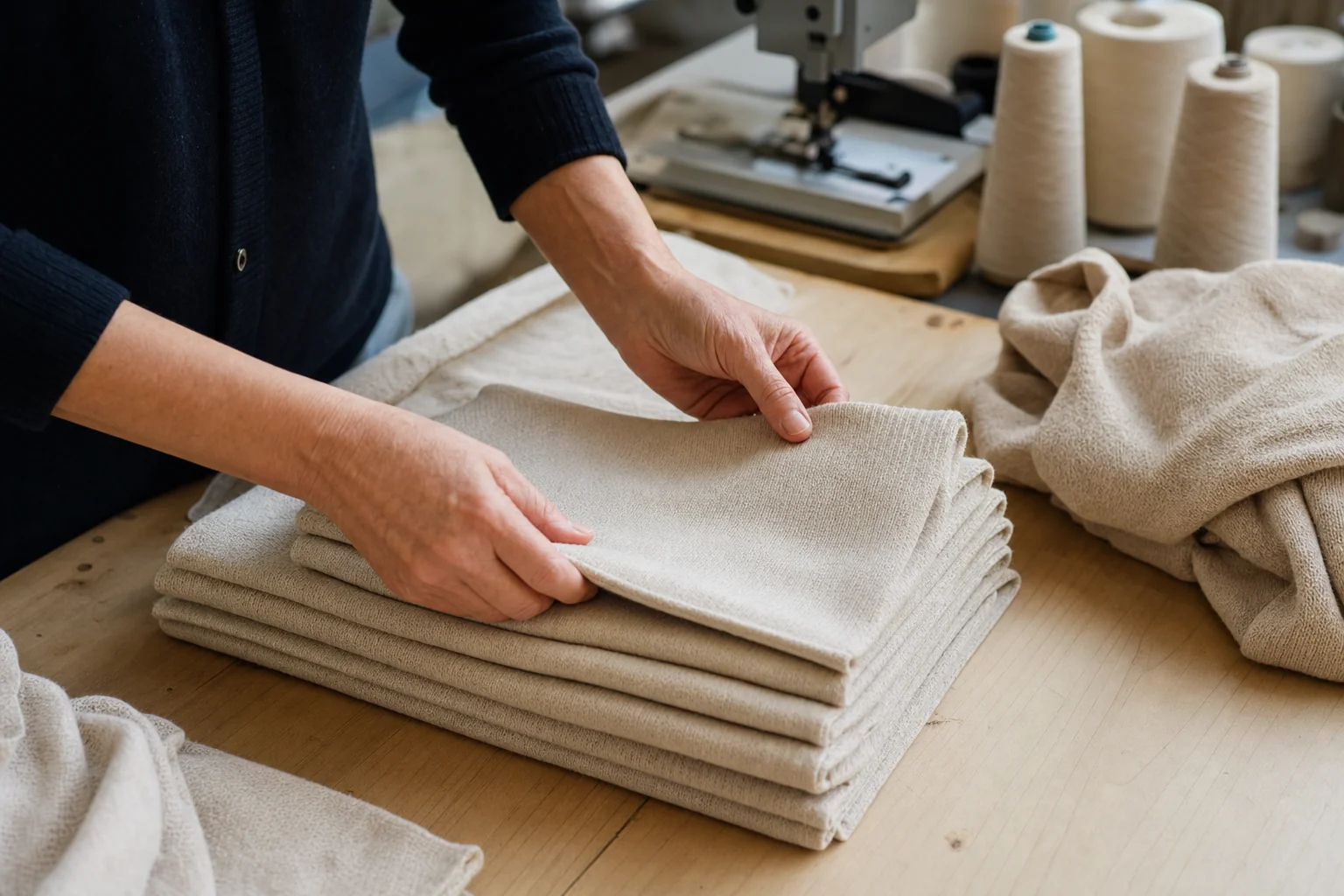 Mains d'un artisan pliant des pièces de tricot brut sur un plan de travail dans un petit atelier de fabrication