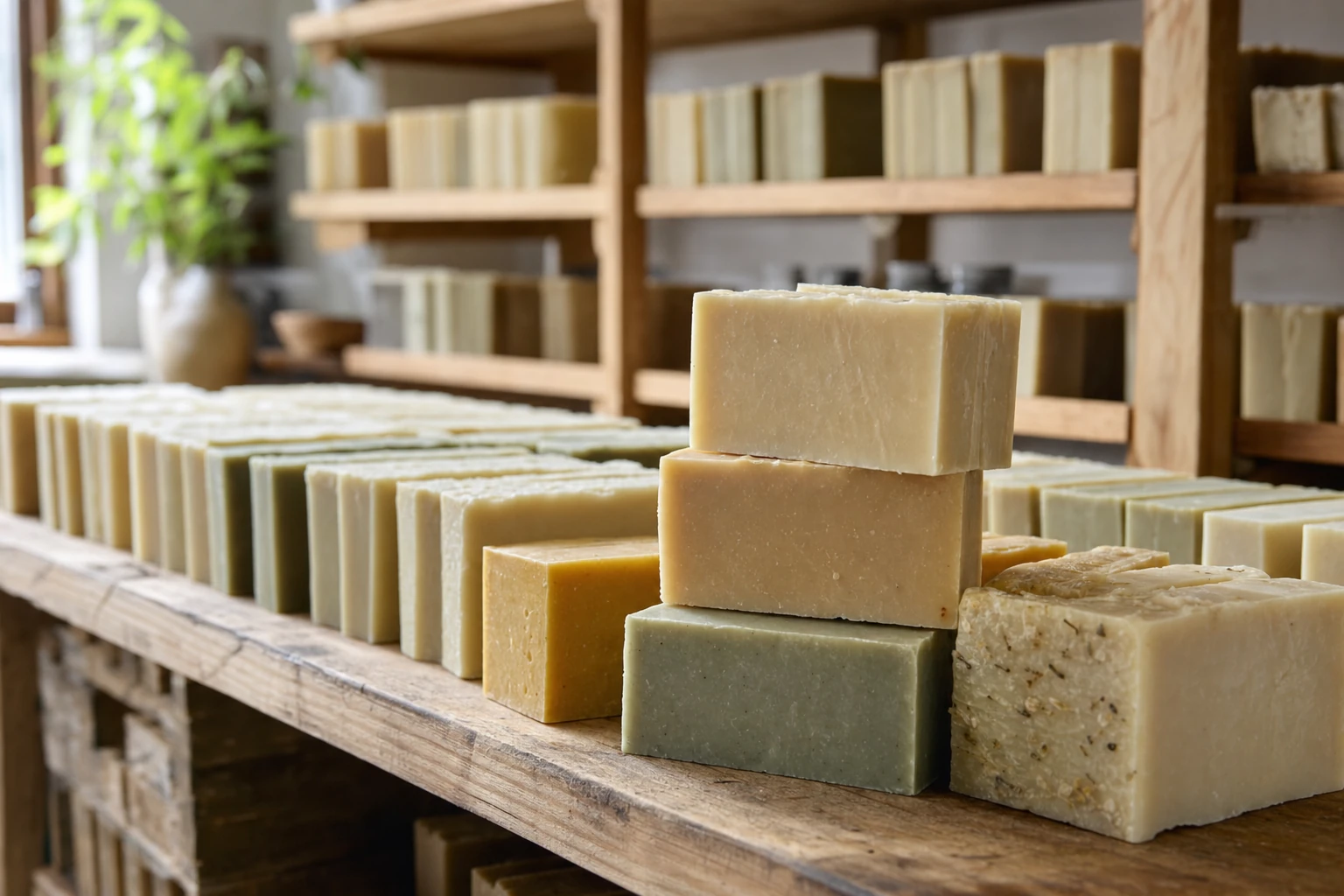 Rangées de pains de savon artisanal en cure sur des étagères en bois dans un atelier de savonnerie