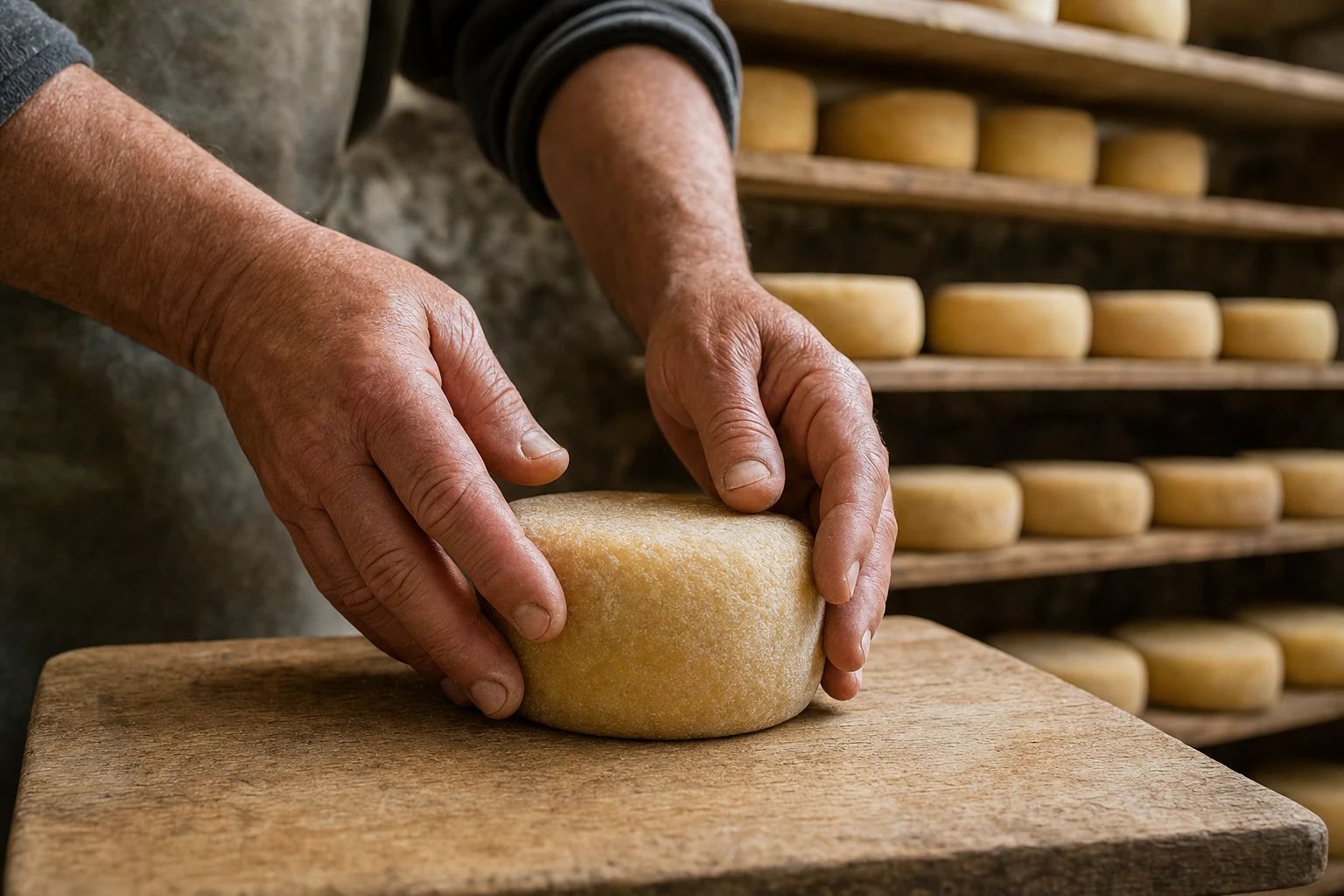 Mains d'un artisan fromager retournant une tomme sur une planche de bois en cave d'affinage