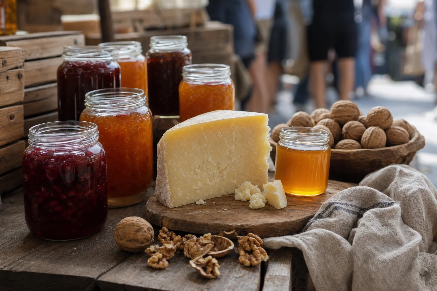 Étal de marché avec bocaux de conserves artisanales, fromages et miel présentés en vrac