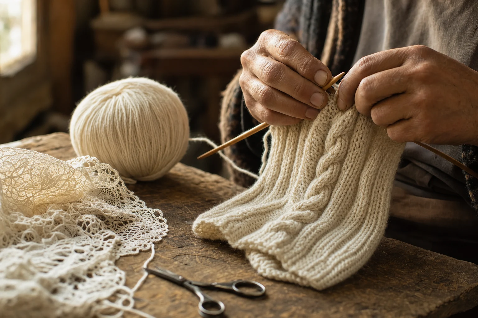 Mains d'artisan tricotant de la laine mérinos écrue à côté d'une dentelle fine sur un établi en bois