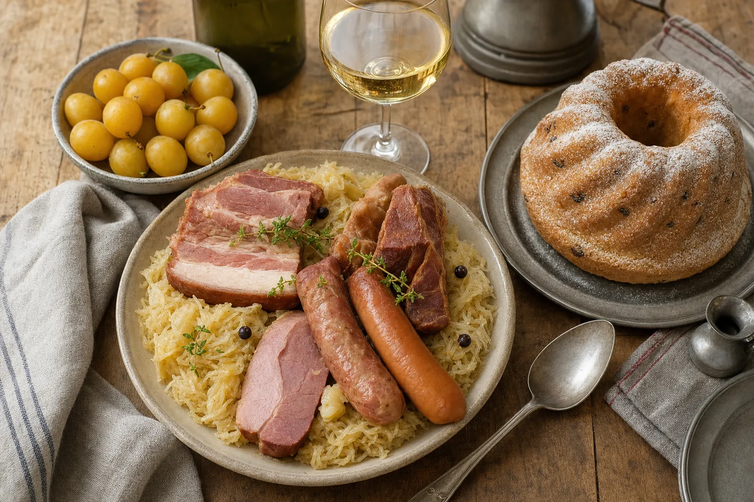 Table en bois garnie de spécialités du Grand Est : choucroute garnie, mirabelles jaunes, kougelhopf et flûte de vin blanc