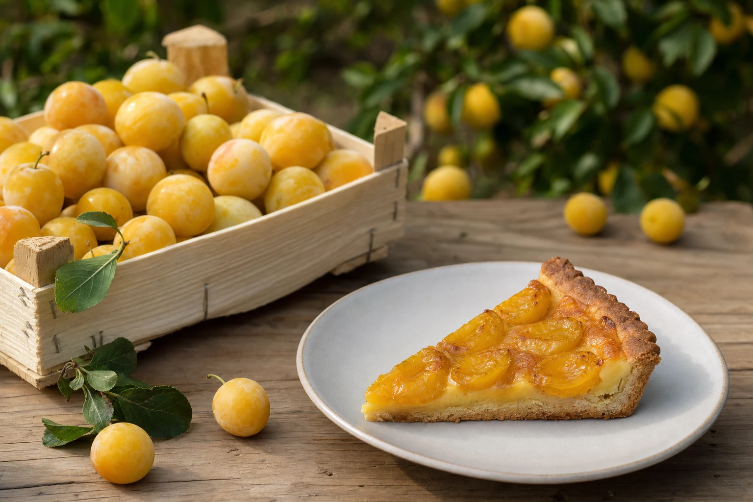 Cagette de mirabelles jaunes fraîchement cueillies posée sur une table en bois, à côté d'une part de tarte
