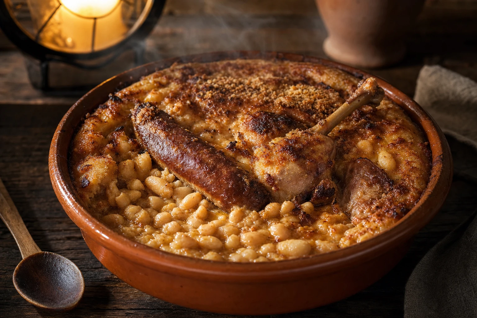 Cassoulet mijoté dans une cassole en terre cuite émaillée, avec haricots blancs, confit et morceau de saucisse doré