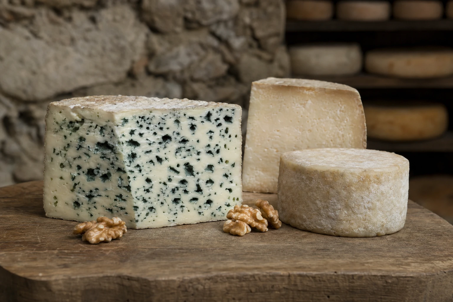 Part de Roquefort à pâte persillée bleu-vert posée sur une planche en bois, à côté d'autres fromages de brebis