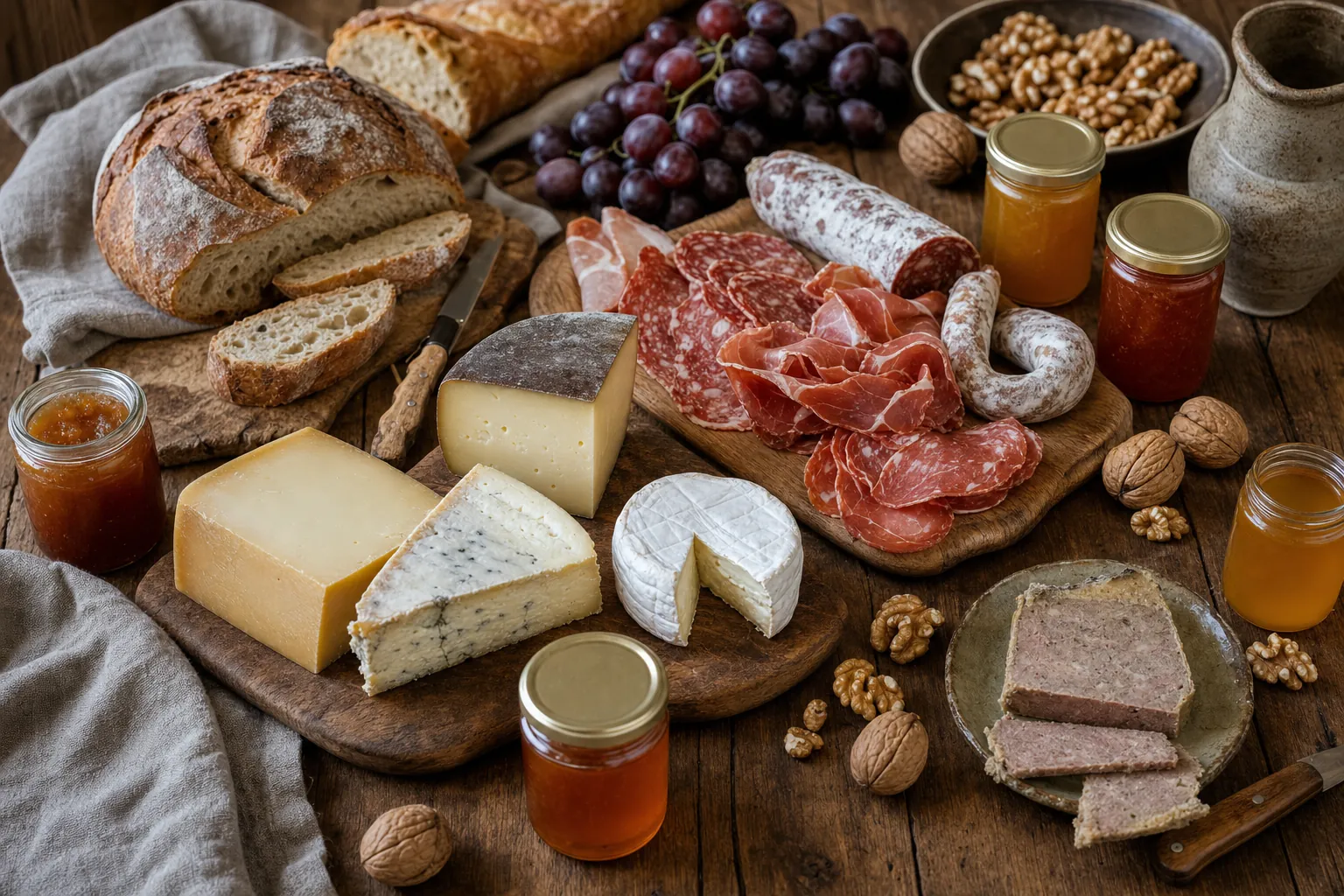 Grande table en bois garnie de spécialités régionales françaises : fromages variés, charcuteries, pains, miel et conserves en bocaux