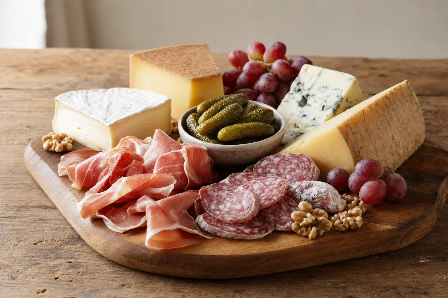 Planche garnie de fromages affinés, charcuteries et pains d'un terroir français