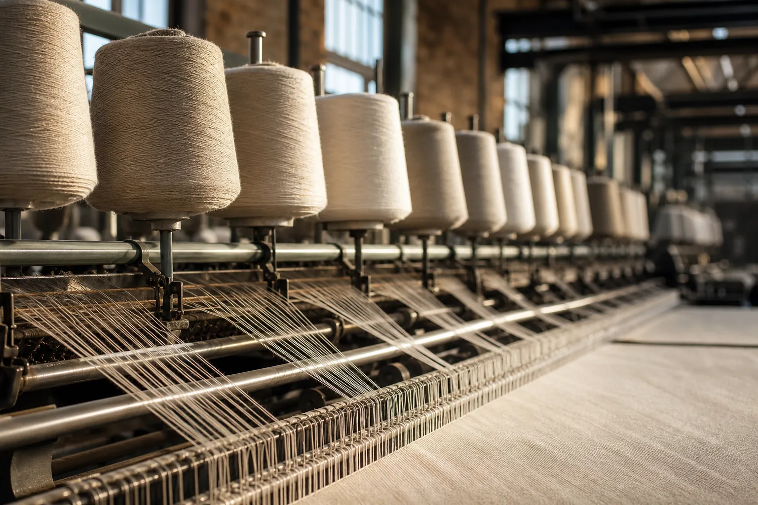 Bobines de fil alignées sur un métier à tisser industriel dans un atelier textile