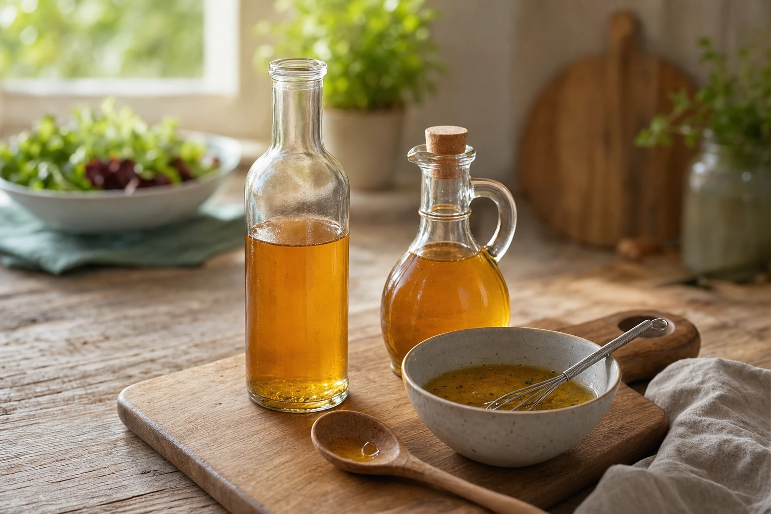 Bouteille de vinaigre de miel ambré et burette en verre posées sur une table de bois, à côté d'un bol de vinaigrette