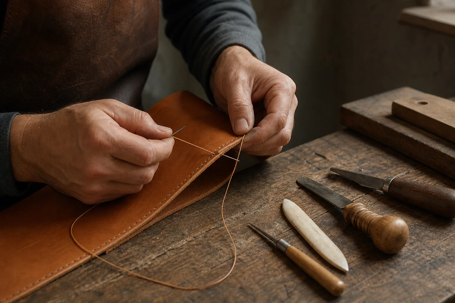 Mains d'artisan maroquinier travaillant une pièce de cuir tannée sur un établi de bois, outils à portée de main