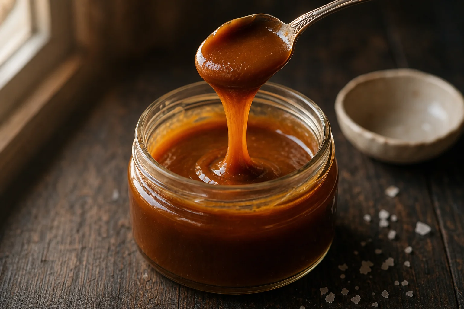 Pot en verre de caramel au beurre salé ouvert, une cuillère soulevant un ruban de caramel ambré et brillant