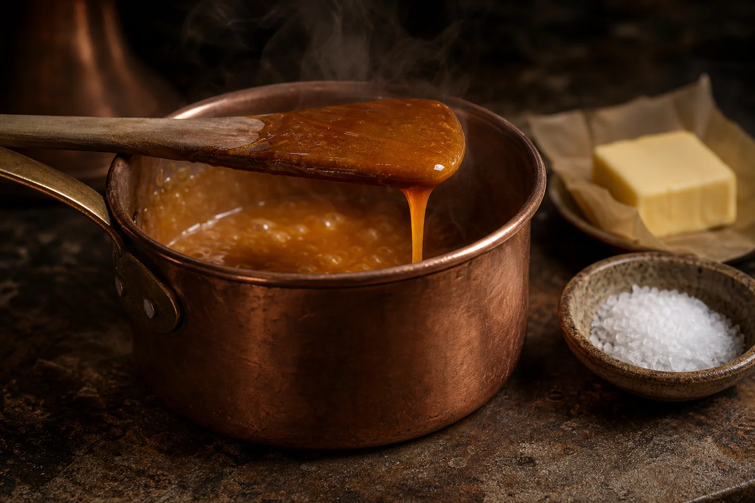 Caramel ambré en cours de cuisson dans un chaudron en cuivre, ruban coulant depuis une spatule en bois