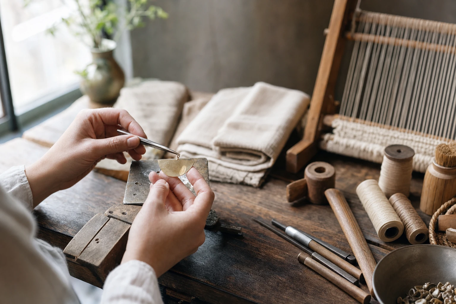Mains d'un créateur à son établi de bijoutier, pendentif en laiton en cours de finition tenu à la brucelle, bobines de fil et échantillons de tissu à côté