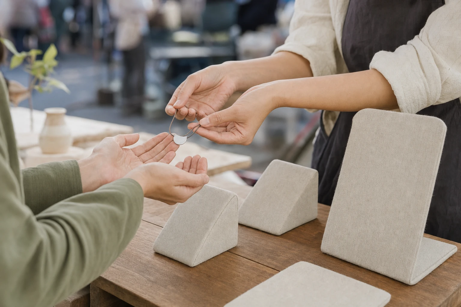 Sur une table en bois d'un marché de créateurs, les mains d'un créateur tendent un petit pendentif fait main aux mains ouvertes d'une visiteuse
