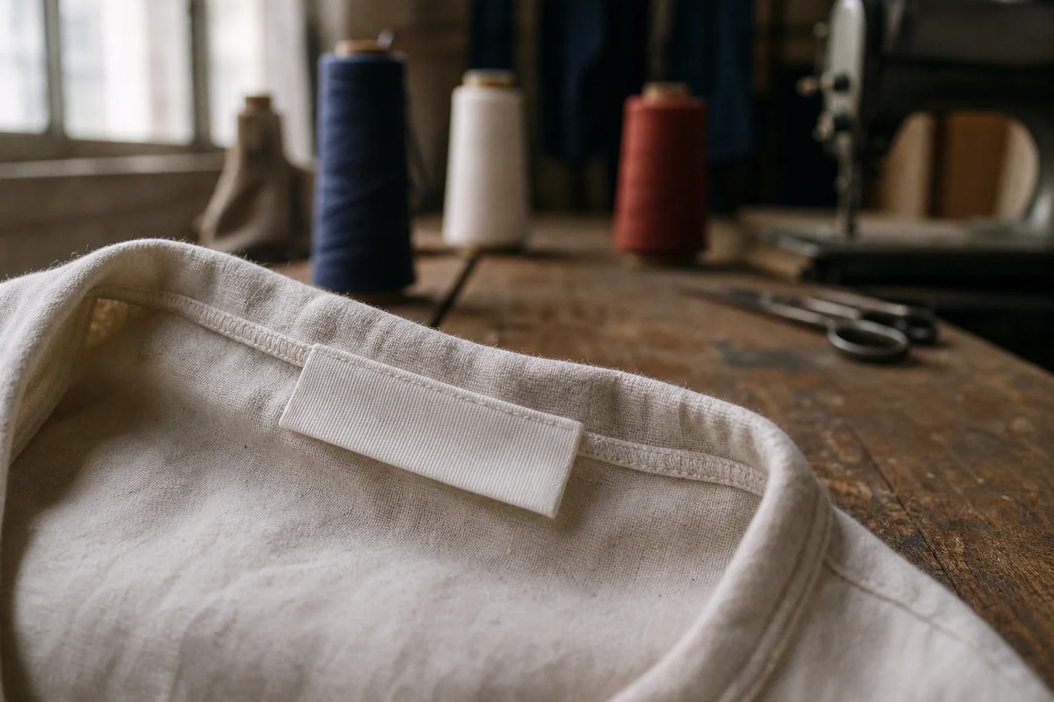 Étiquette textile vierge cousue à l'intérieur d'un vêtement, posée sur un établi d'atelier de confection