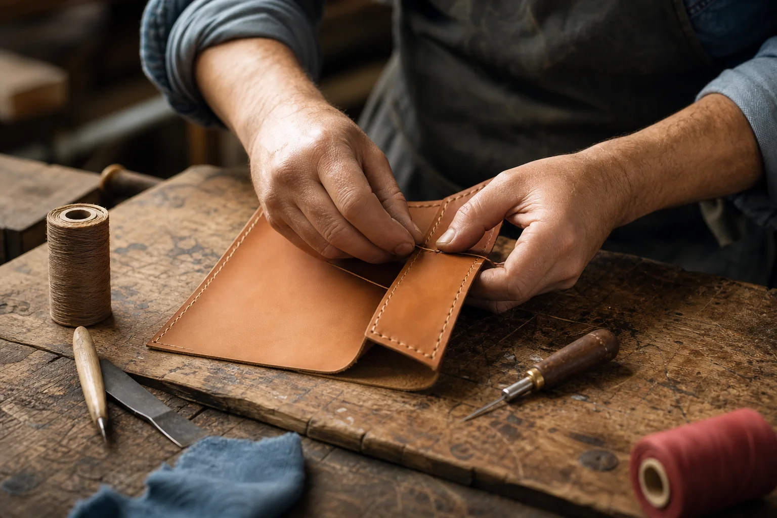 Mains d'artisan assemblant une pièce de maroquinerie sur un plan de travail, fil et outils à portée de main