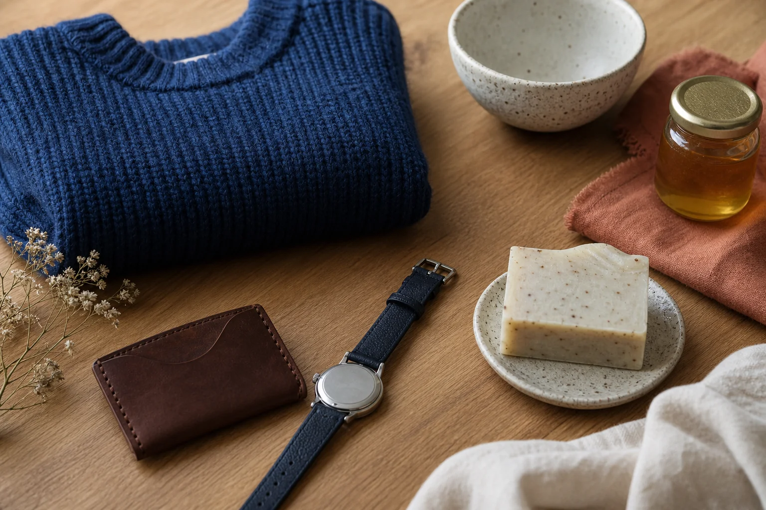 Composition d'objets artisanaux français posés sur un plan de travail en bois clair : pièce de cuir cousue, textile tricoté, pain de savon, flacon de verre ambré et objet en bois tourné