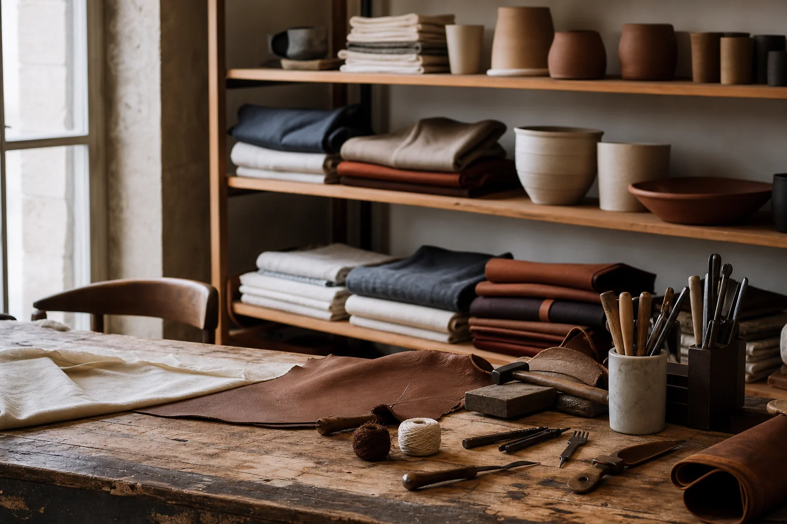 Détail d'un établi d'artisan : pièce de cuir en cours de couture sellier, fil ciré, alêne et petits outils métalliques posés sur le plan de travail