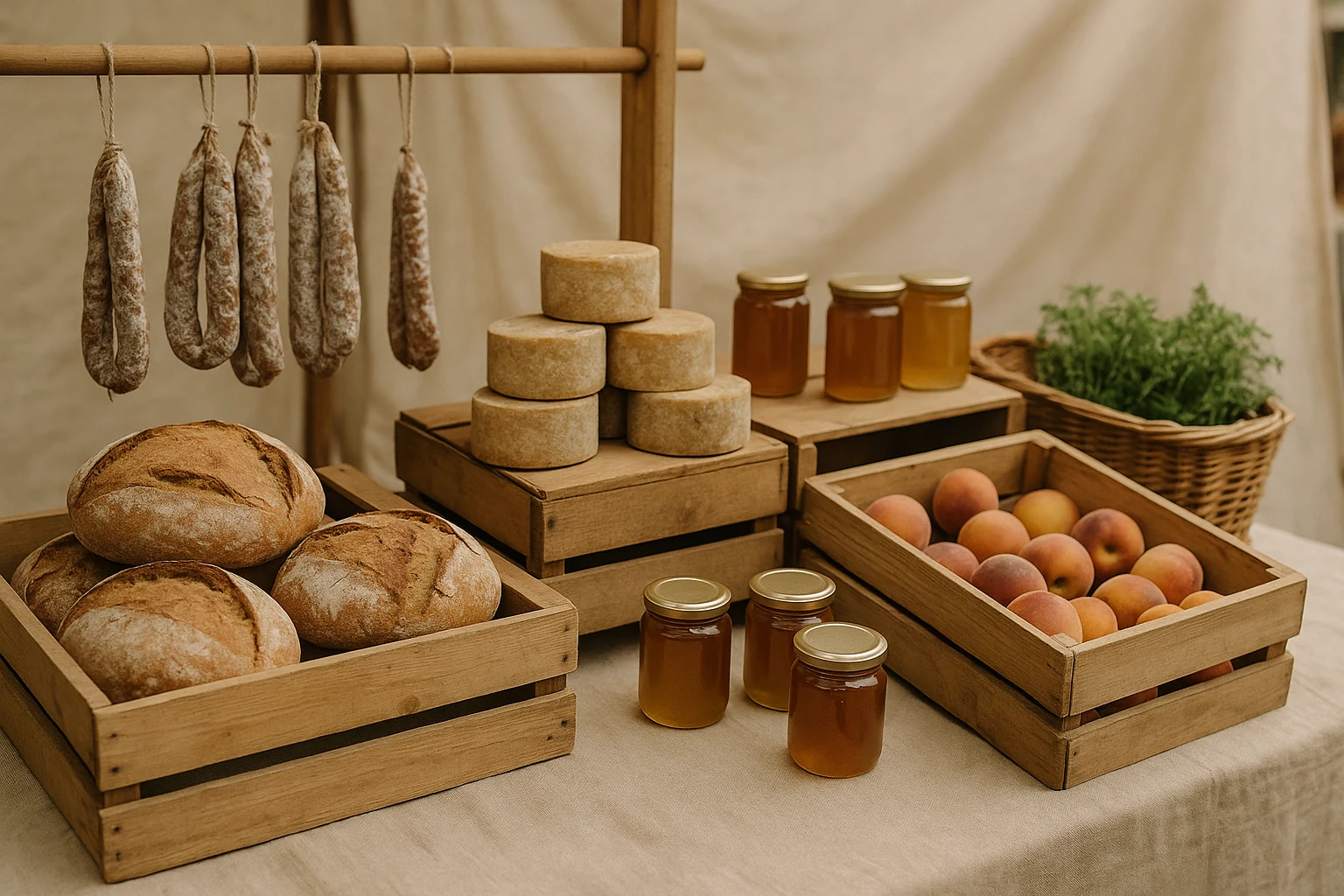 Étal de marché en bois avec pains de campagne, meules de fromage, saucissons secs suspendus, bocaux de miel et cageot de fruits