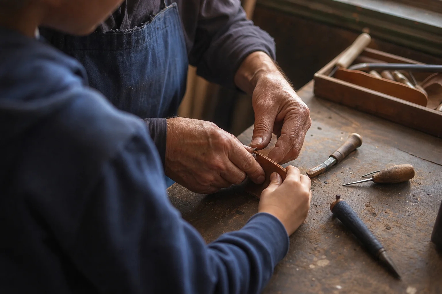 Mains expérimentées guidant des mains plus jeunes sur un établi d'atelier, dans la lumière d'une fenêtre