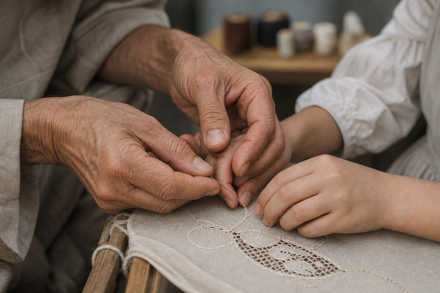 Gros plan sur des mains âgées corrigeant la position des doigts d'une jeune apprentie sur un ouvrage textile en cours