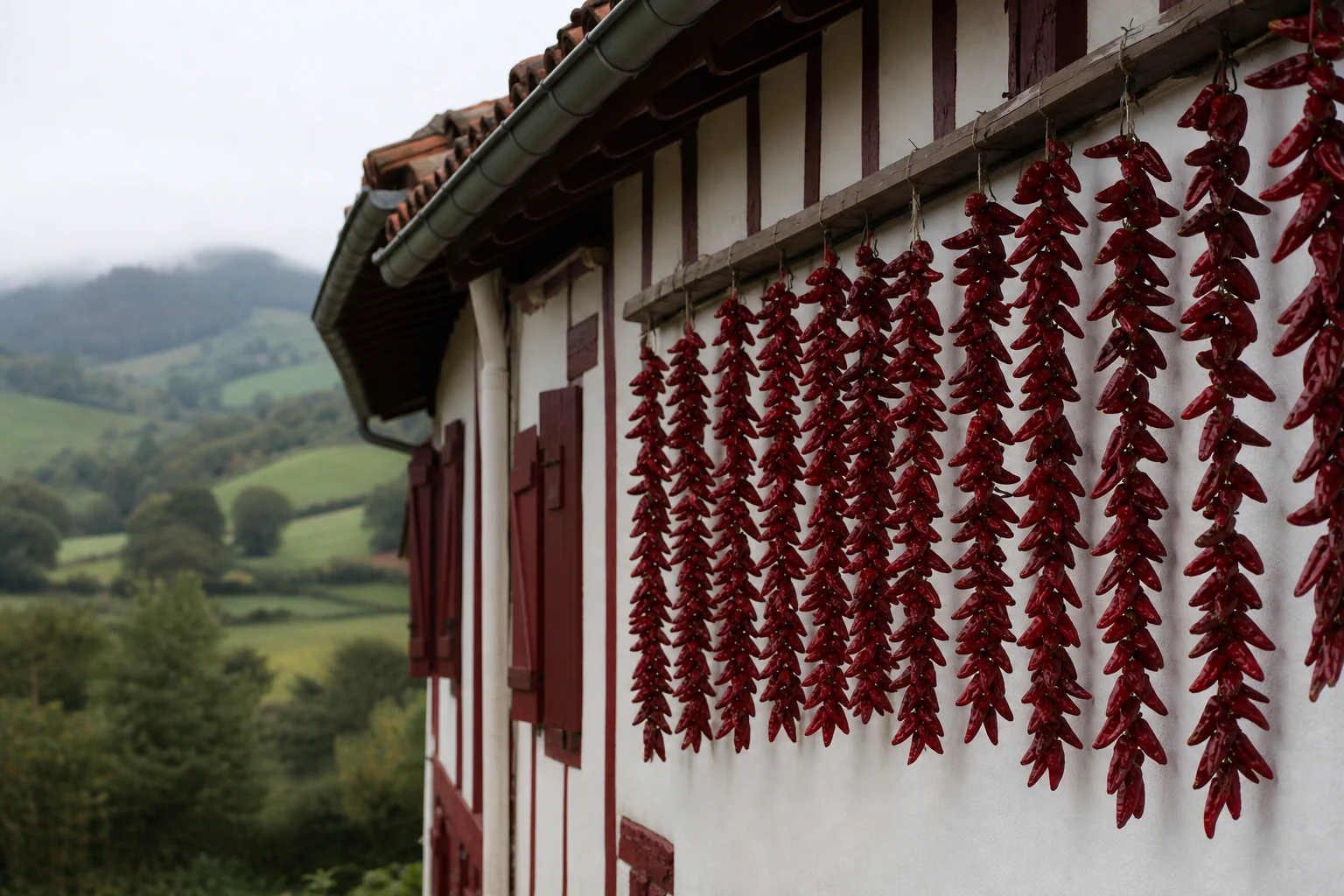 Guirlandes de piments rouges mises à sécher au soleil sur la façade blanche à colombages rouges d'une ferme du Pays basque intérieur