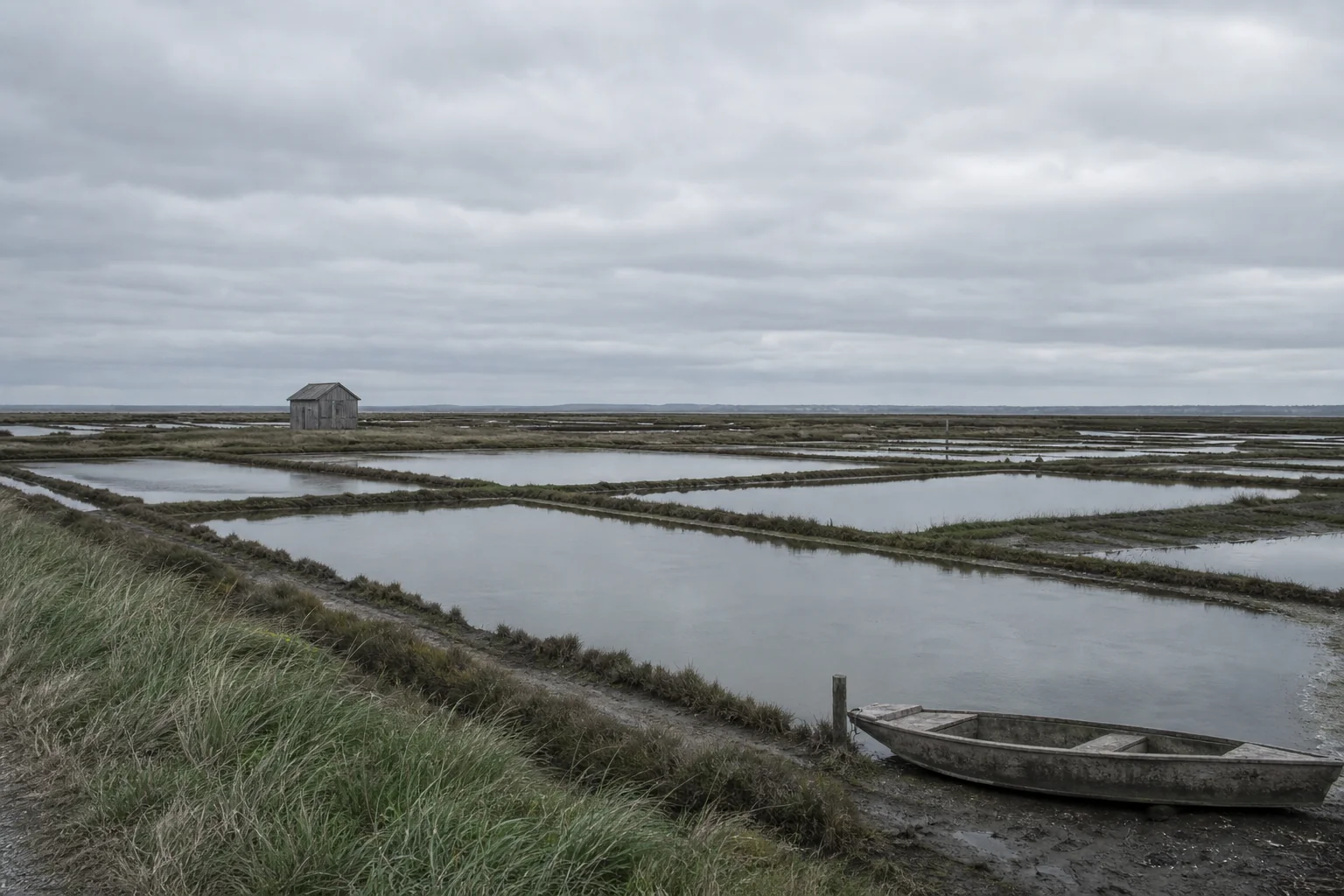 Claires ostréicoles à marée basse sur le littoral atlantique, bassins d'argile peu profonds séparés de digues herbeuses sous un ciel gris lumineux