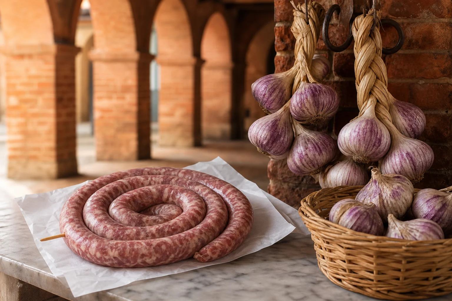 Étal de marché sous une arcade de brique rose toulousaine : saucisse fraîche enroulée en spirale sur papier blanc et tresses d'ail à peau violette suspendues