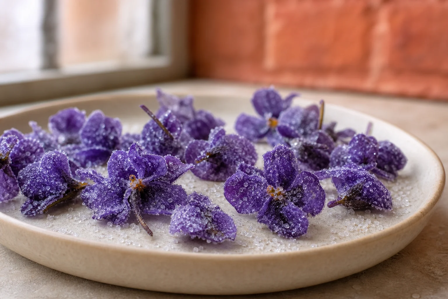 Violettes cristallisées au sucre, pétales violets recouverts d'une fine croûte de sucre, présentées dans une coupelle en céramique claire
