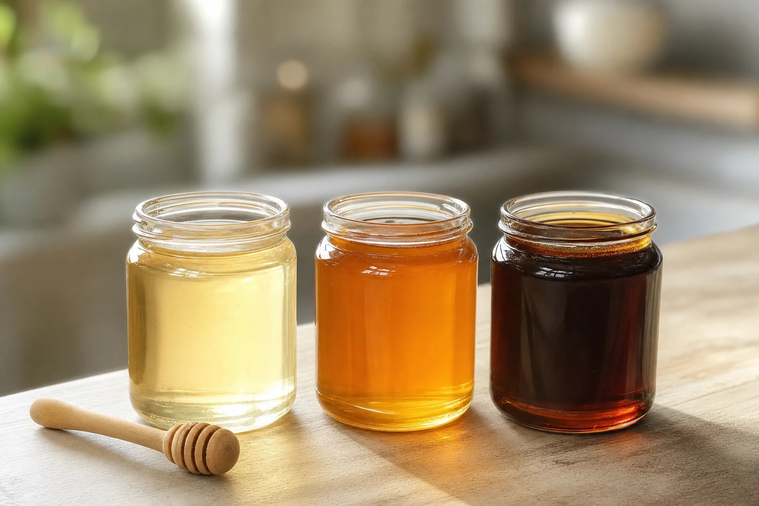 Trois pots de miel ouverts alignés sur une table en bois clair, du blond très pâle à l'ambre presque brun, avec une petite cuillère en bois posée à côté