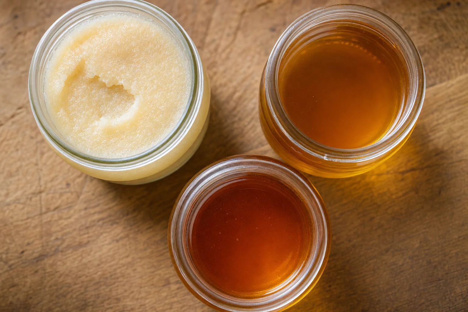 Vue de dessus de trois pots de miel dont l'un est cristallisé en une pâte claire et opaque, les deux autres restés liquides, sur un plan de travail en bois