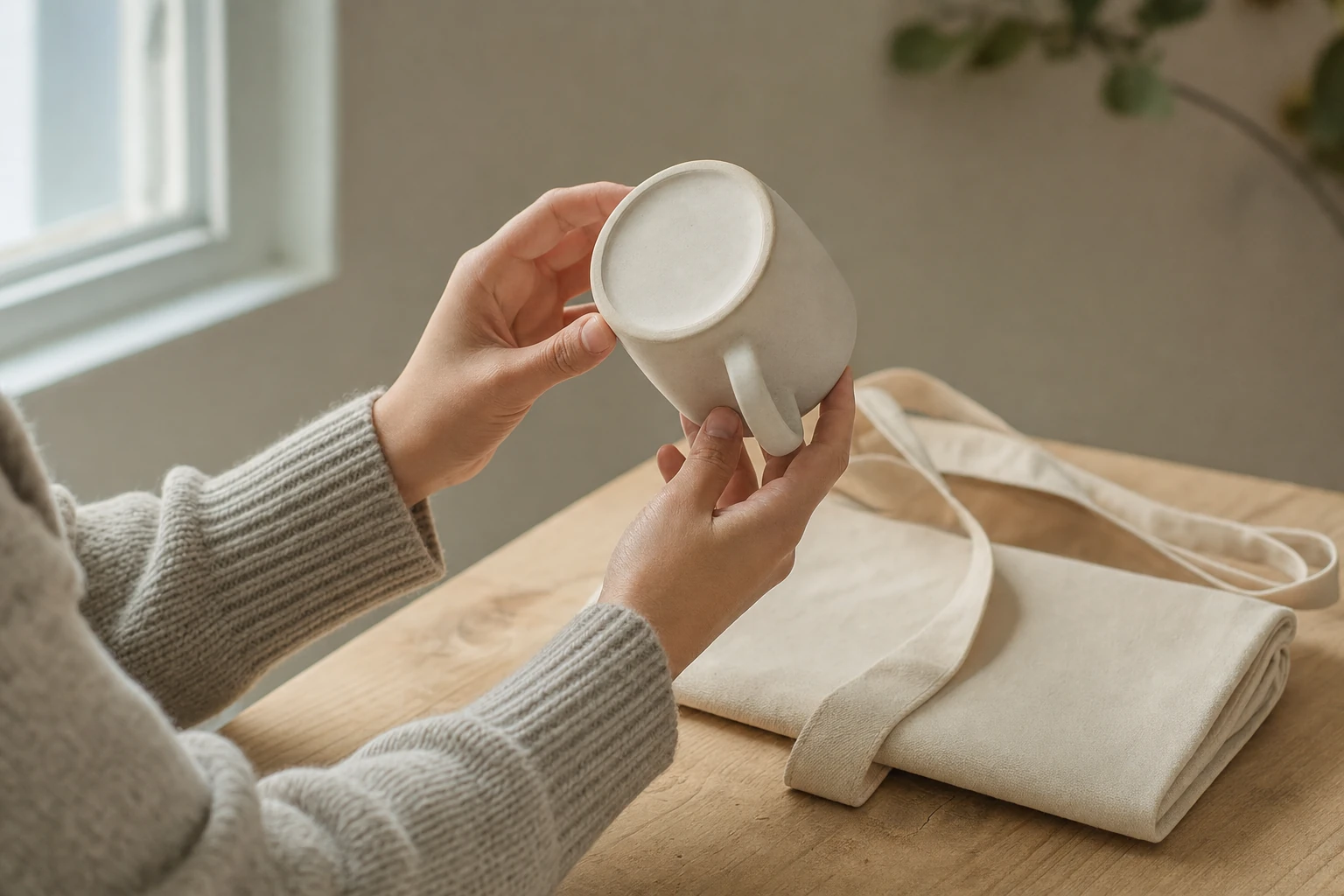 Deux mains aux manches de pull en laine grise tiennent une tasse en céramique blanche inclinée pour en montrer le dessous, au-dessus d'une table en bois clair où repose un sac en tissu écru plié, près d'une fenêtre