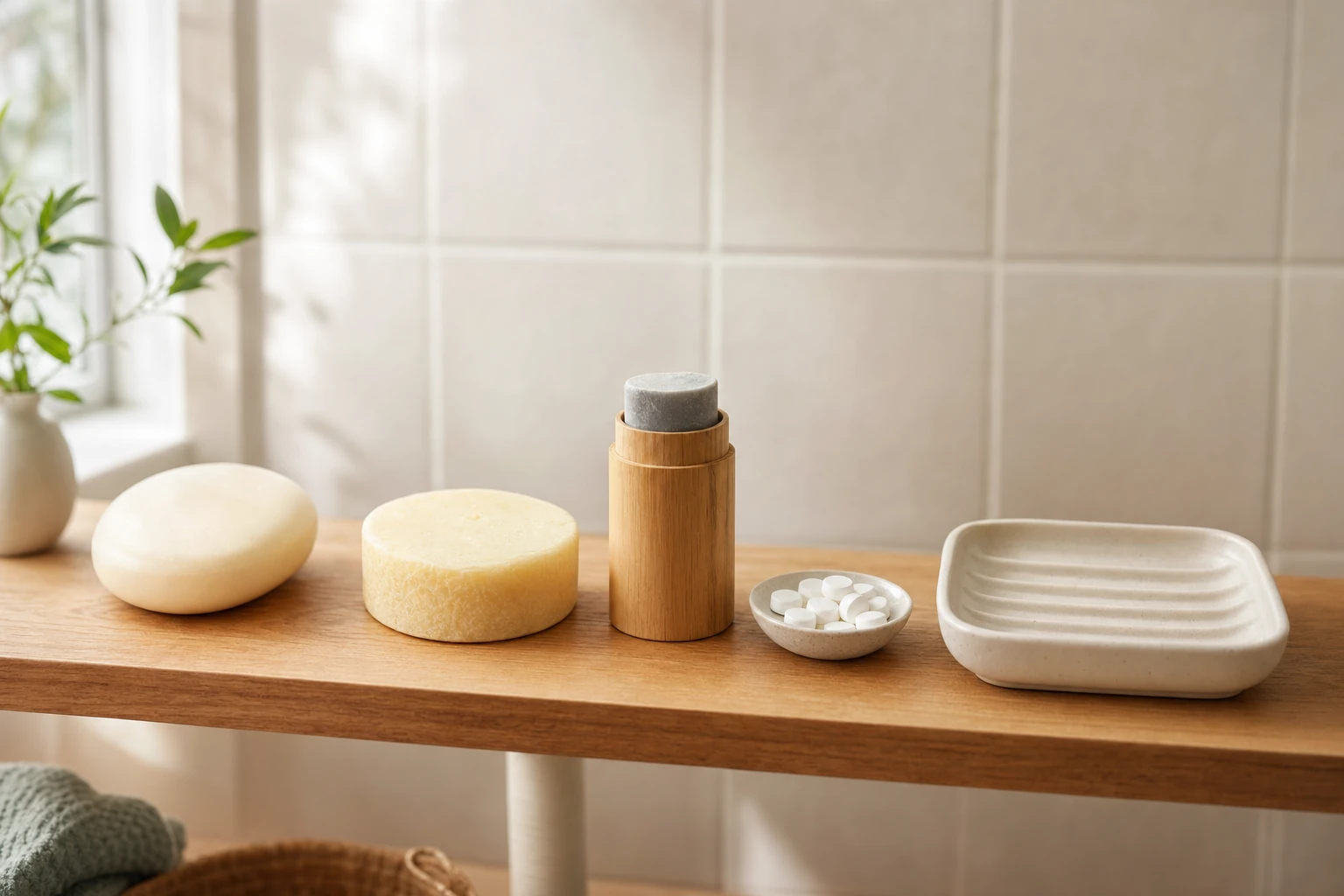 Quatre cosmétiques solides sans emballage sur une tablette de salle de bain en bois clair : un pain ovale crème, un galet rond clair, un bâtonnet gris dans un tube en bois et une coupelle de pastilles blanches, à côté d'un porte-savon en céramique strié